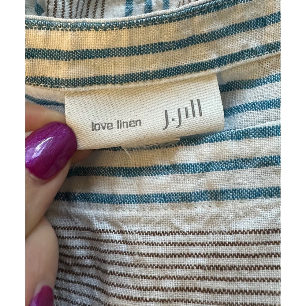 J. Jill Love Linen Dress L Blue White 100% Linen Pockets Coastal Cottage Resort - Picture 5 of 7